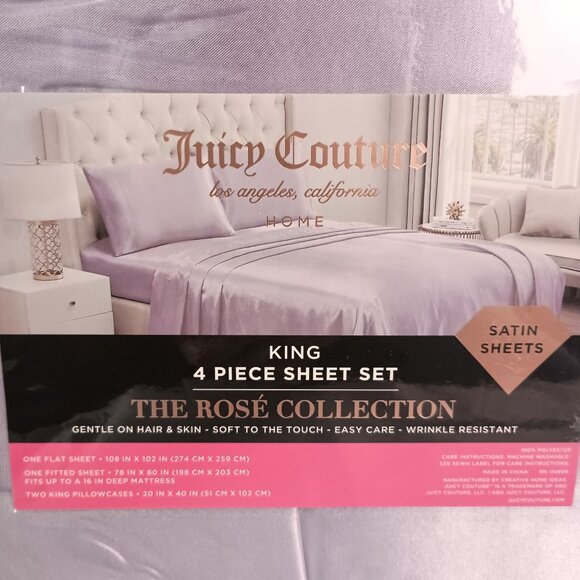 Juicy Couture Satin Sheet Set King 4 Pc Light Purple The Rose Collection New - Picture 1 of 6